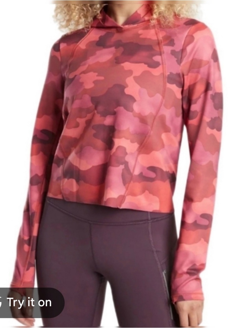 Athleta Pinnacle Cropped Hoodie in the Mantra Print Warm Camo colorway